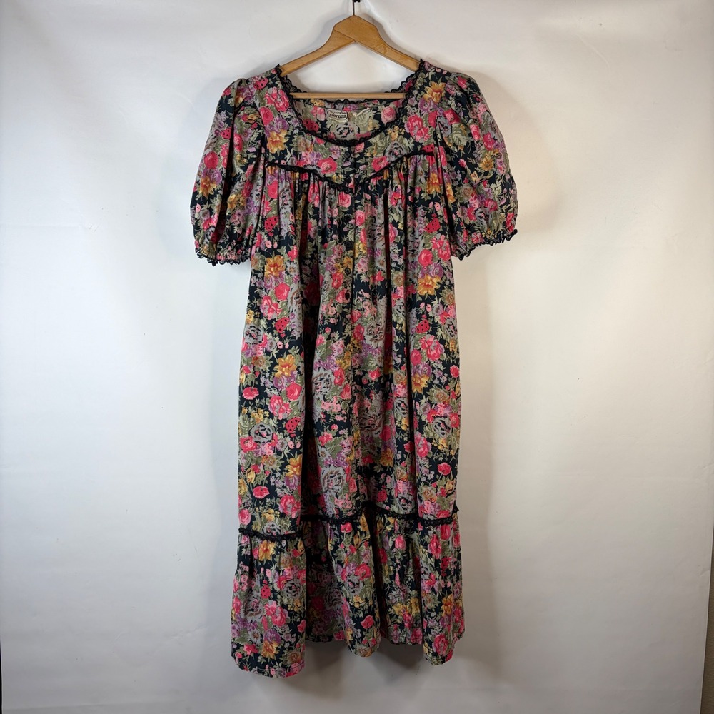 Starina Vintage Floral Midi Dress Womens Medium Cotton Lace Trim Pockets Boho - Picture 2 of 9